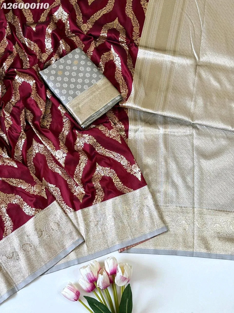 Maroon Silk Saree with Gold Zari Weave and Silver Border