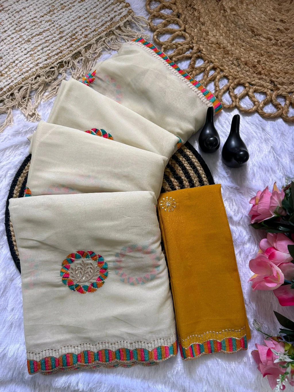 Cream Lightweight Saree with Multicolor Scalloped Embroidery 4