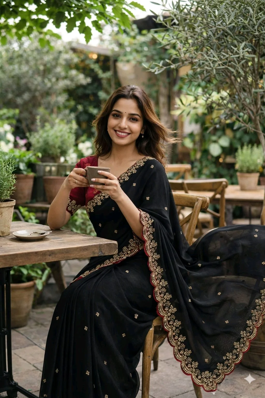 Georgette Saree with Gold Sequin Embroidery and Red Scalloped Border 9