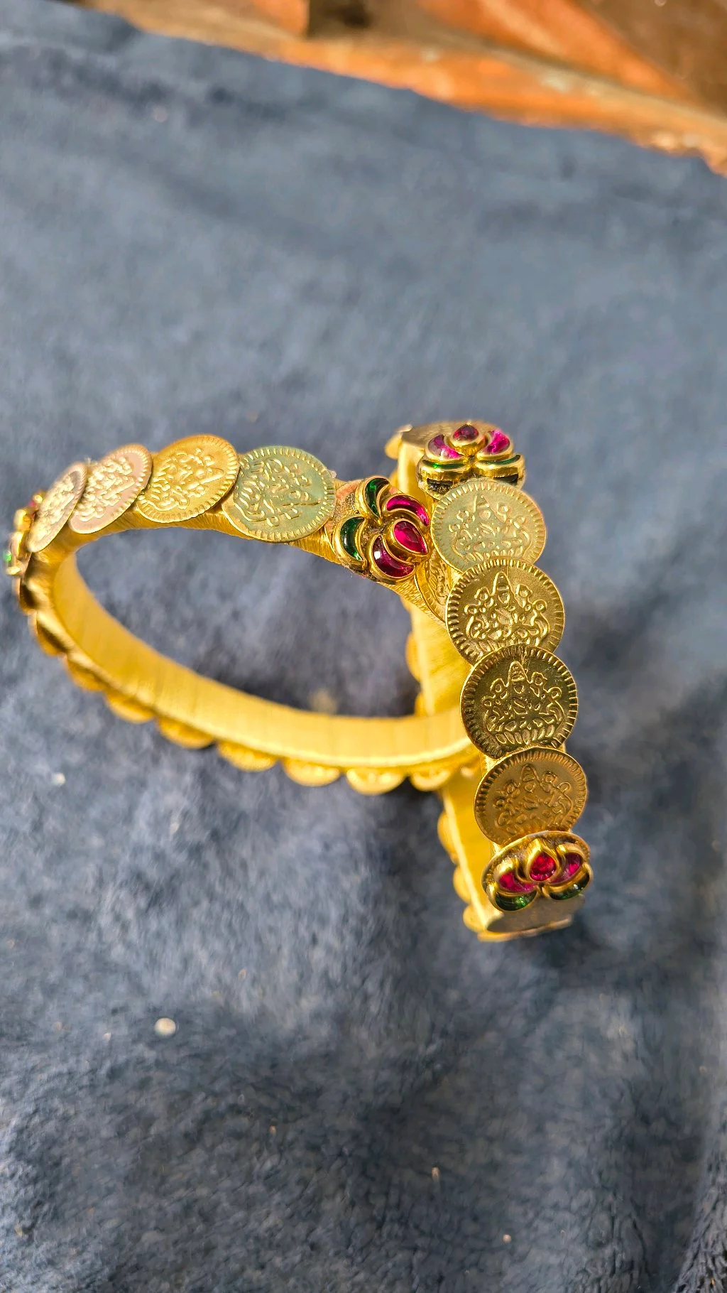 Gold Toned Lakshmi Coin Bangles with Ruby Green Stones 1