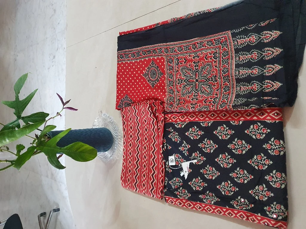 Black and Red Block Print Cotton Dress Material Set with Mirror Work