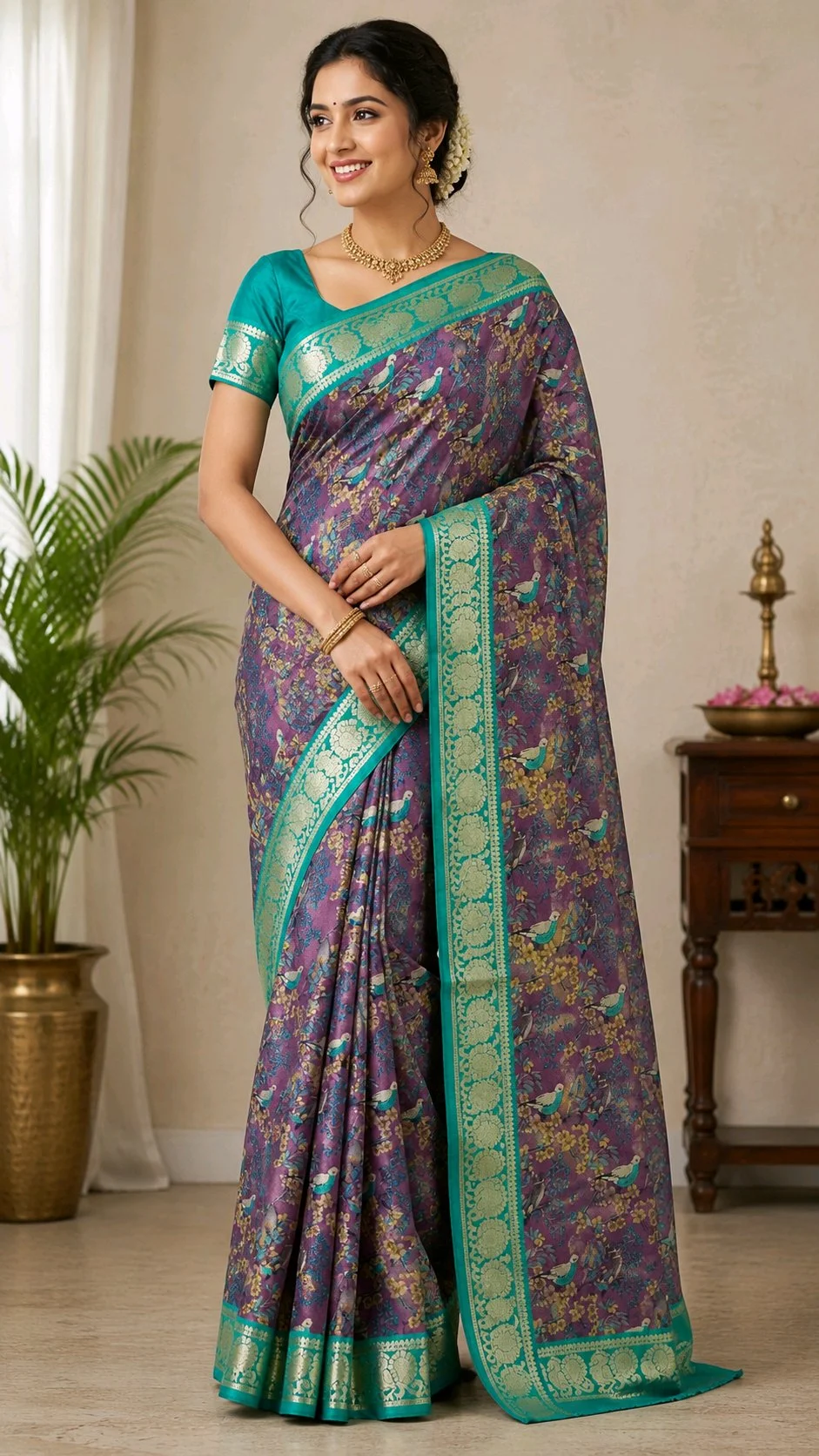 Maheshwari Silk Sarees,Purple Floral Bird Print Silk Blend Saree with Teal Zari Border thumbnail 1