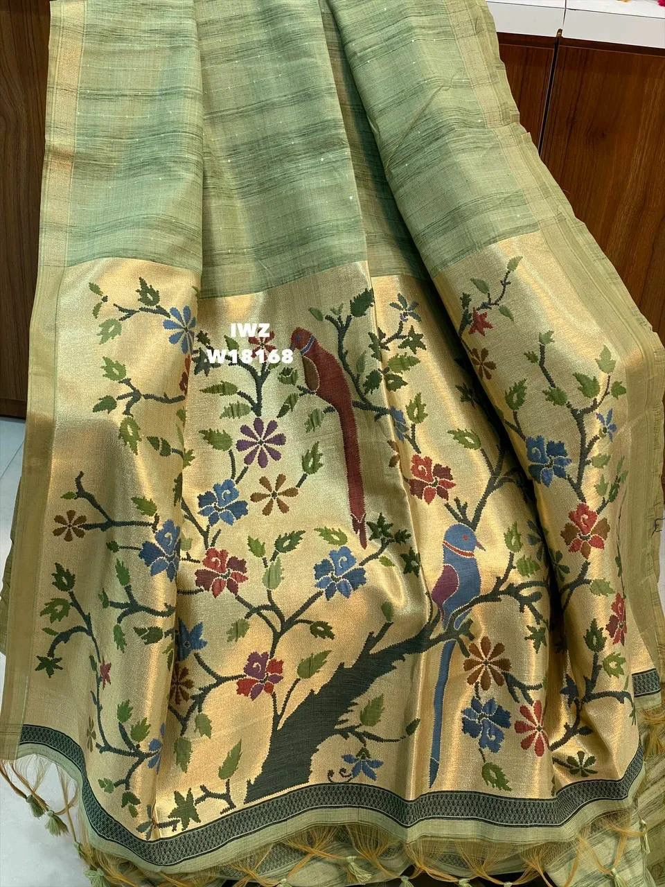 Light Green Silk Blend Saree with Golden Tree of Life Pallu thumbnail 1