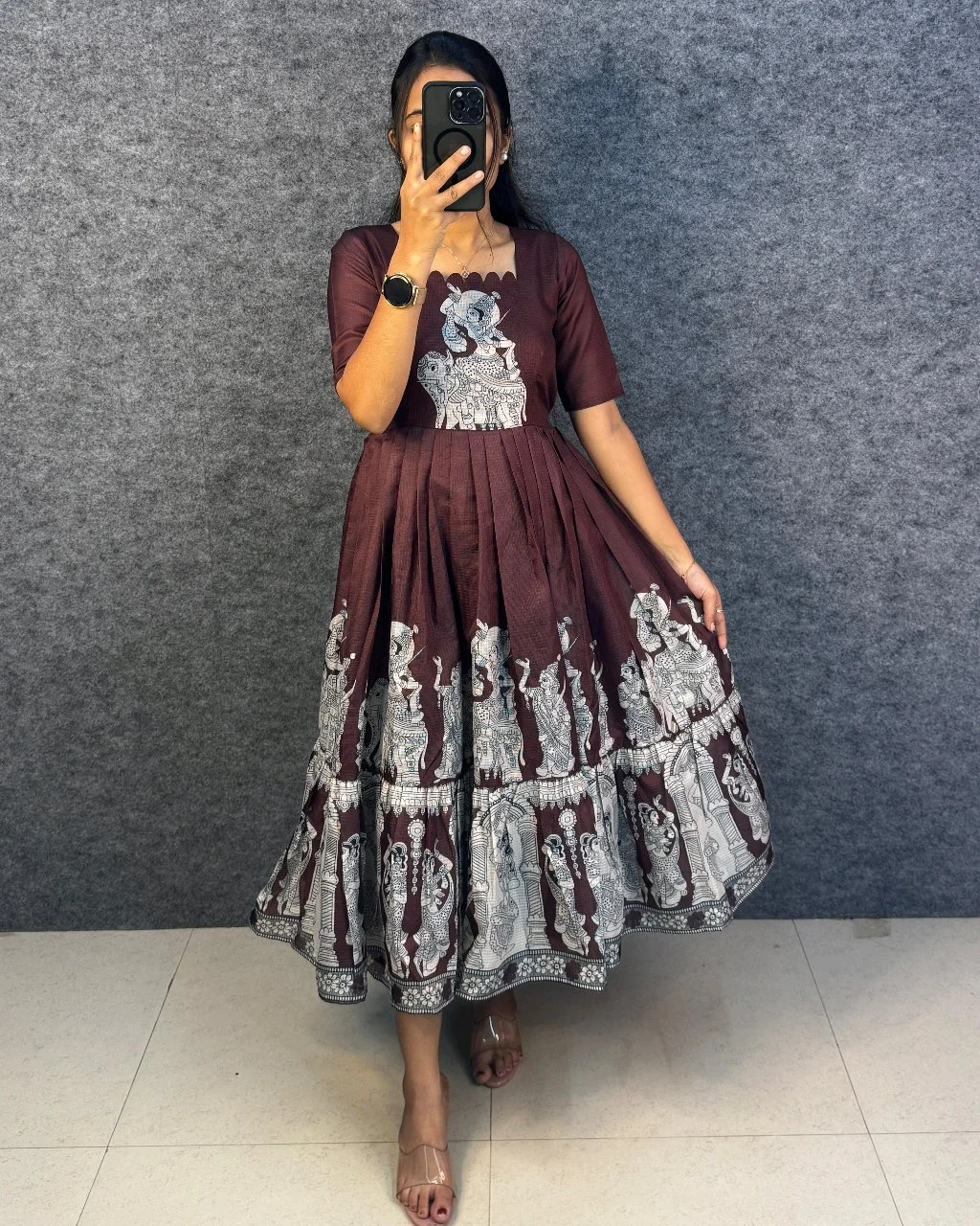 Maroon Kalamkari Print Flared Midi Dress thumbnail 3