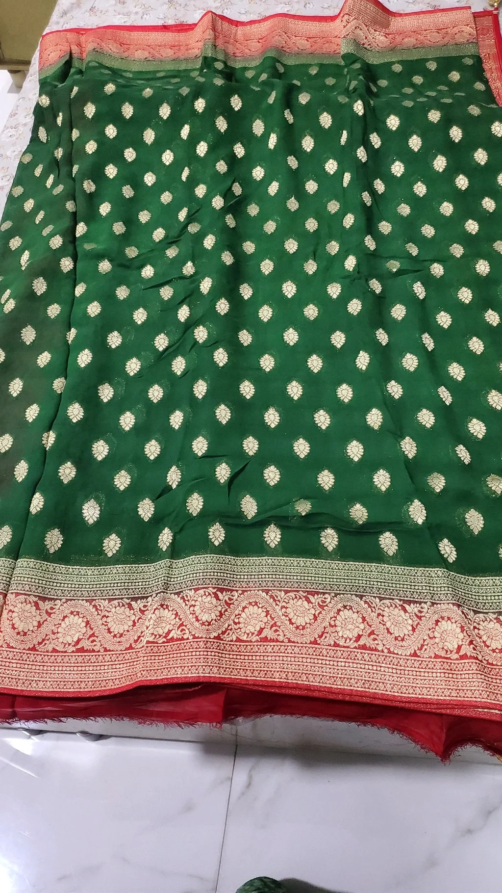 Green Georget Saree with Gold Zari Motifs and Red Border 2
