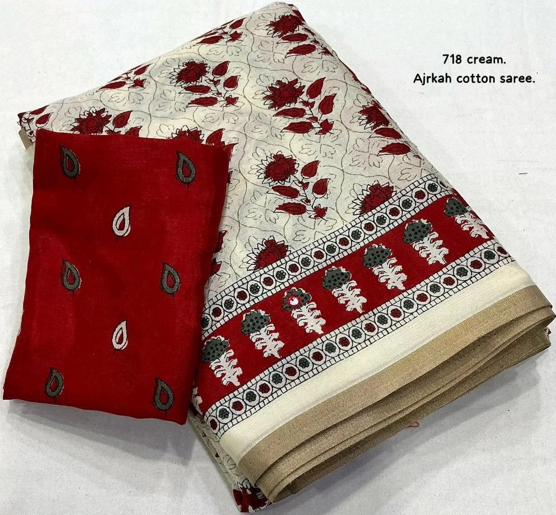 Ajrakh Cotton Saree with Red Prints 1