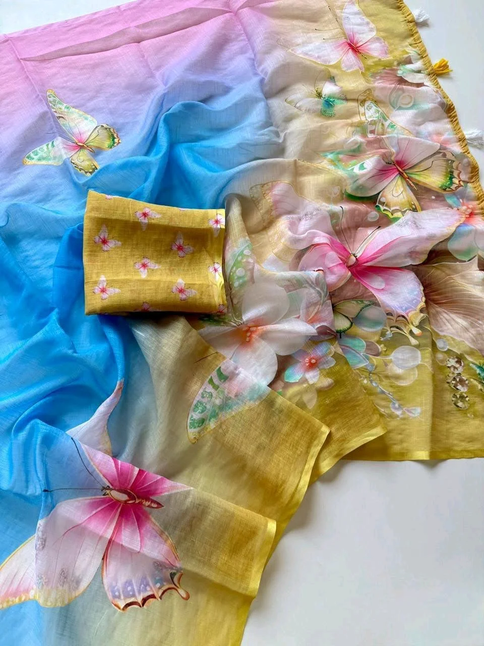 Soft Linen Blend Floral Butterfly Print Saree Collection thumbnail 8
