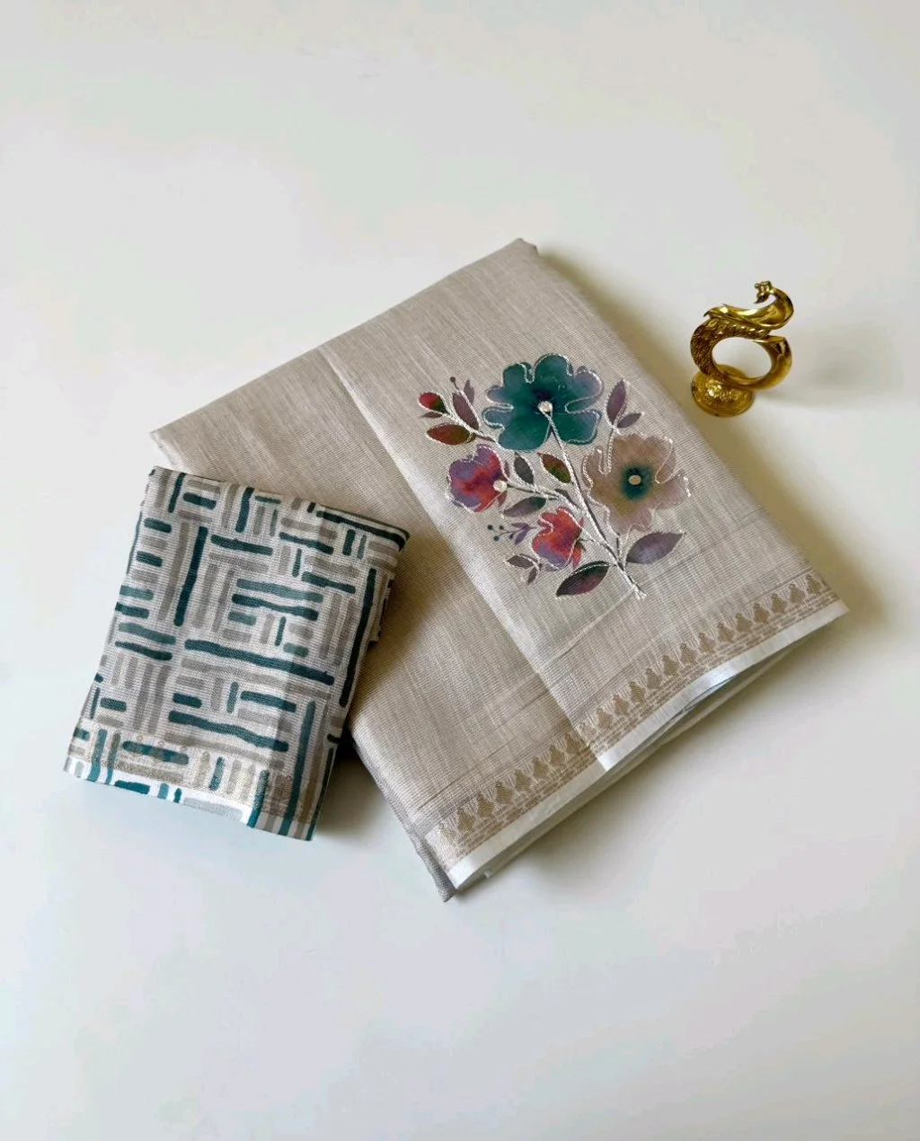 Light Beige Linen Blend Saree with Handpainted Floral Design and Geometric Blouse