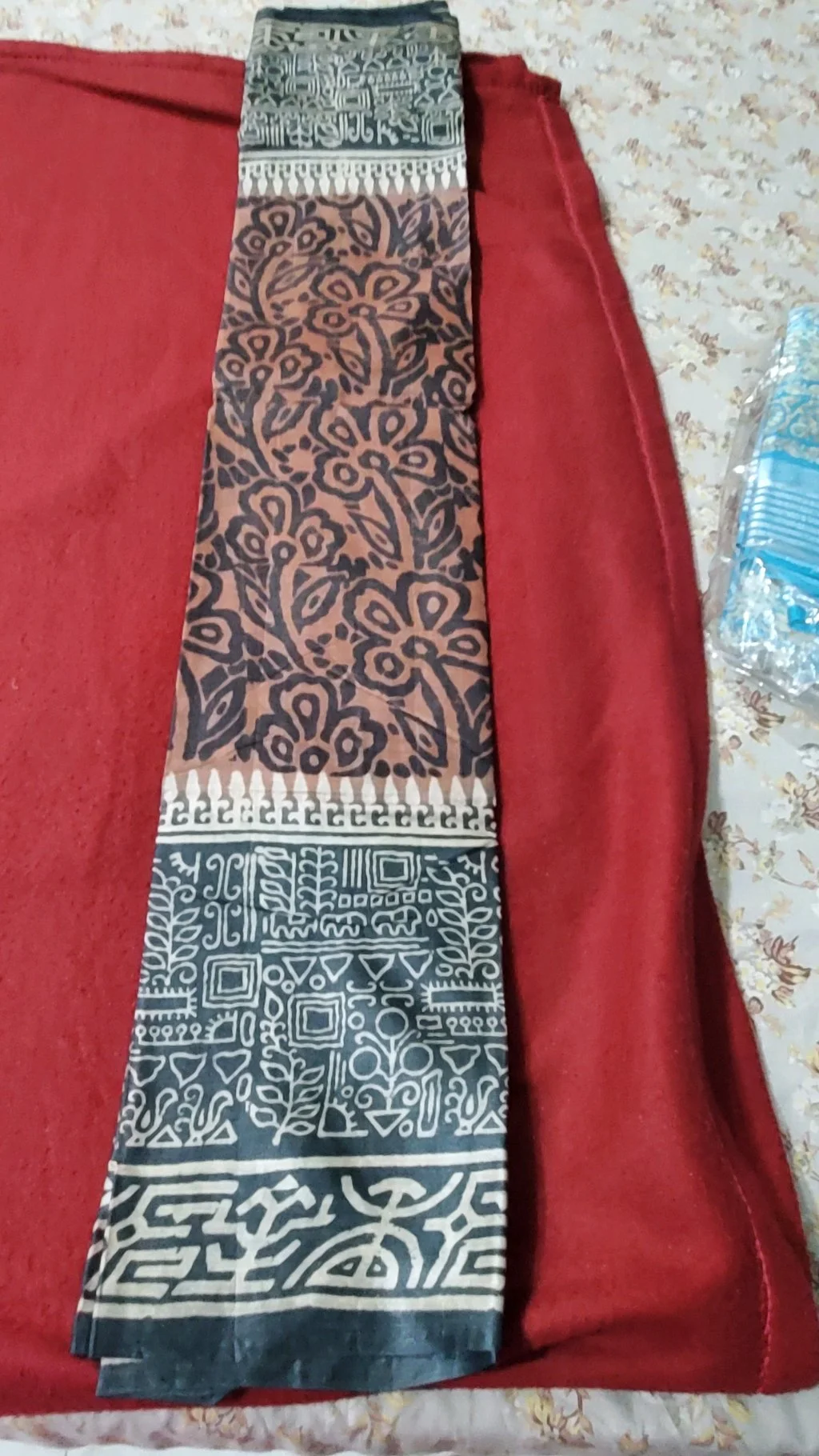 Brown and Black Floral Block Print Tusser Saree