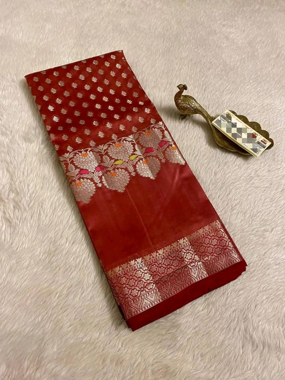 Banarasi Katan Silk Blend Saree with Floral Silver Zari Weave 7
