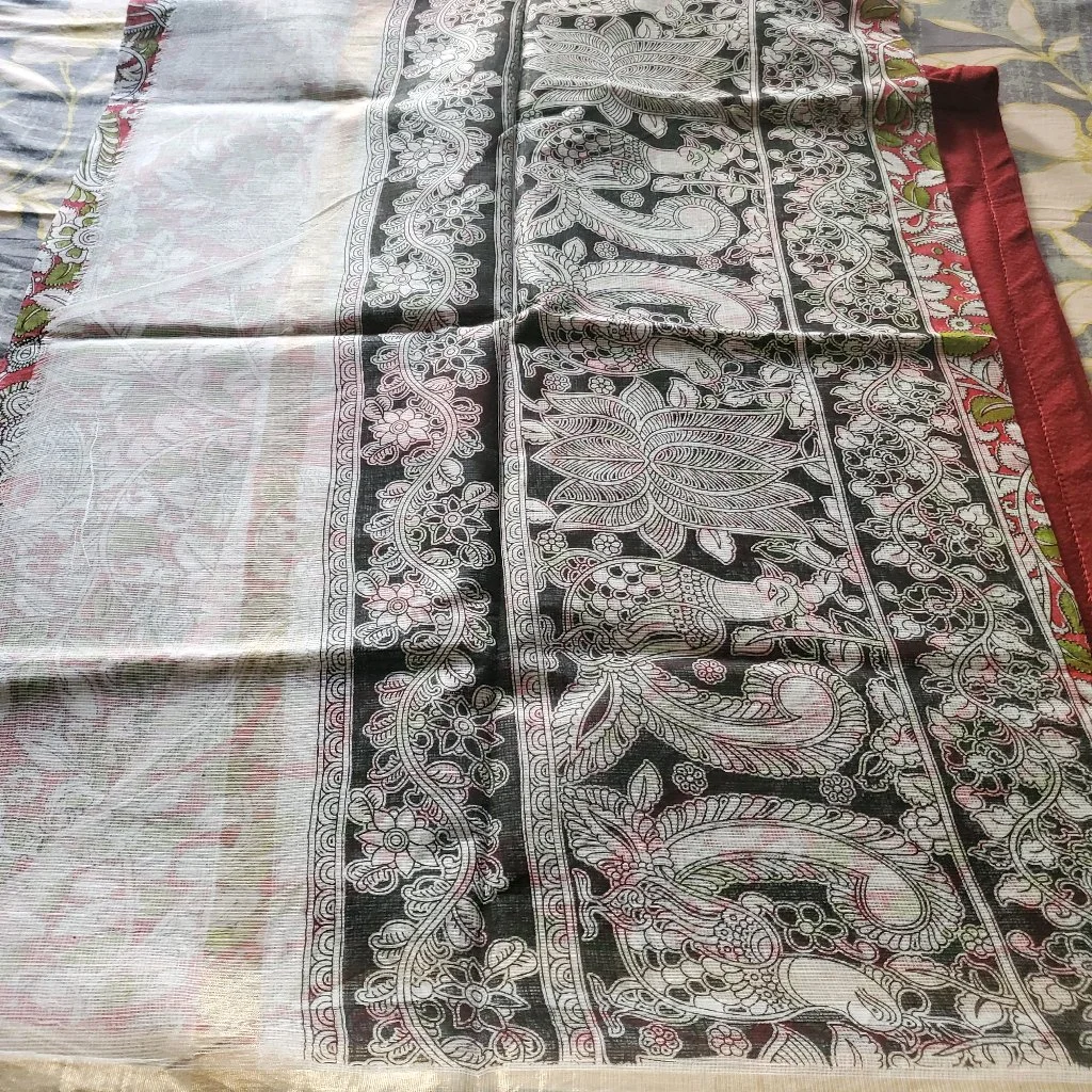 White Kota Saree With Red & Green Kalamkari Floral Bird Print Cotton Saree thumbnail 3