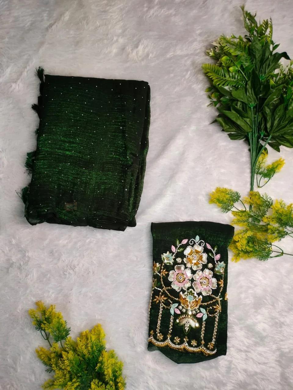 Two Dark Green Embroidered Saree Set with Unstitched Blouse 2