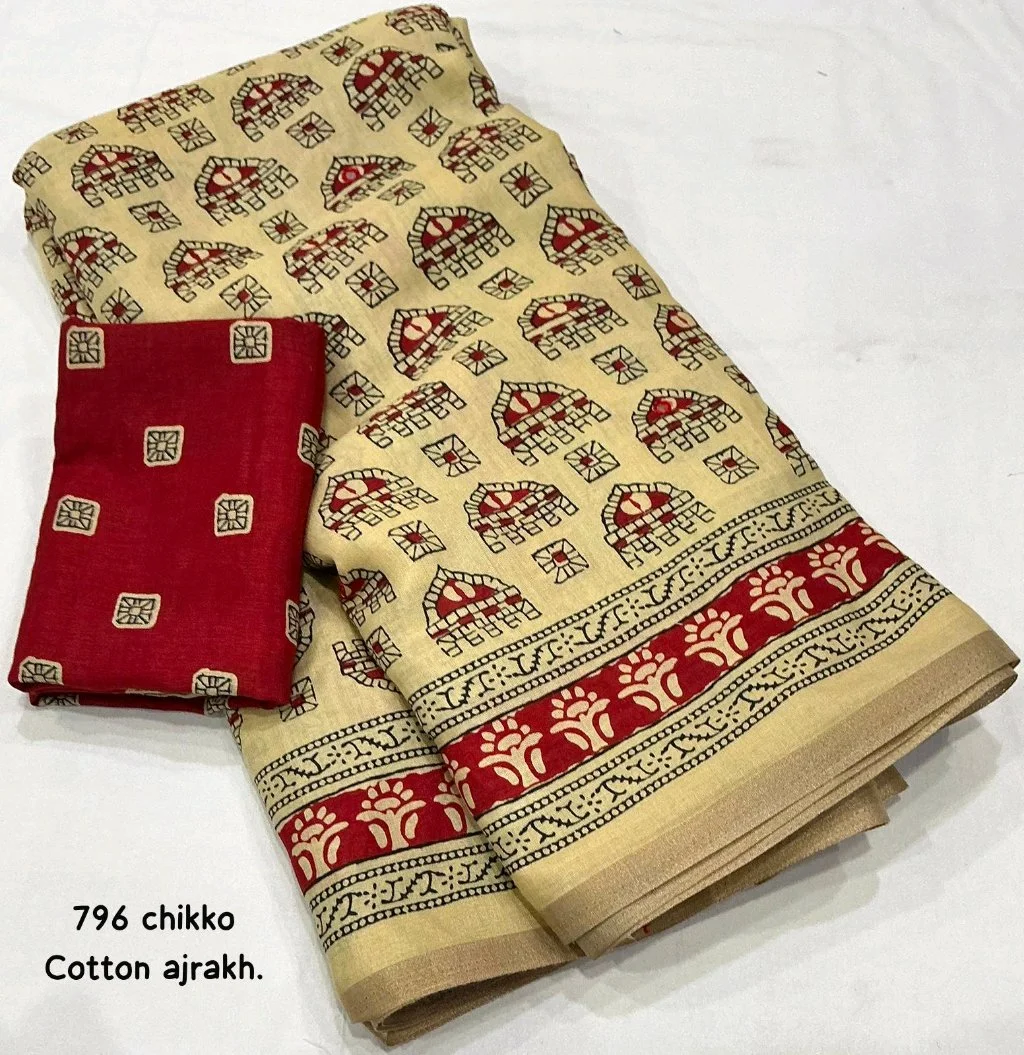 Ajrakh Cotton Saree with Red Prints 5