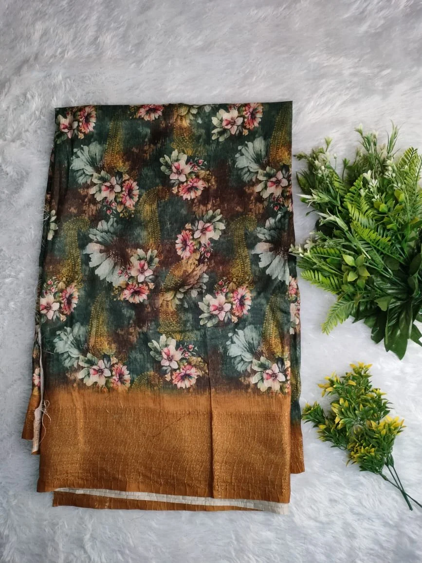 Dark Green Floral Print Saree with Golden Textured Border
