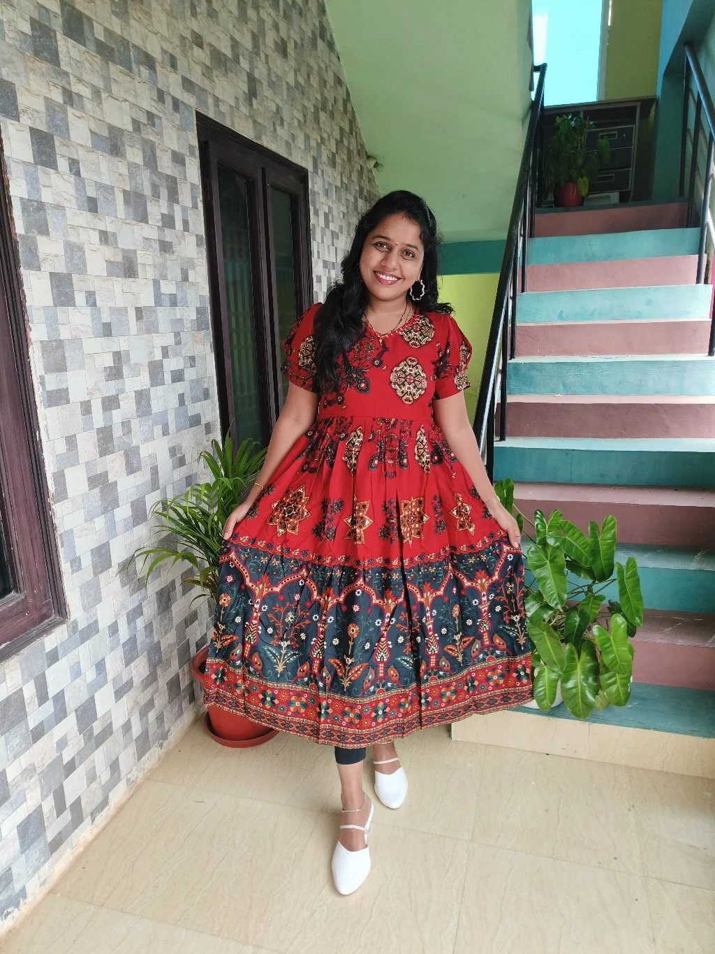Red Floral Printed Tiered Frock Dress