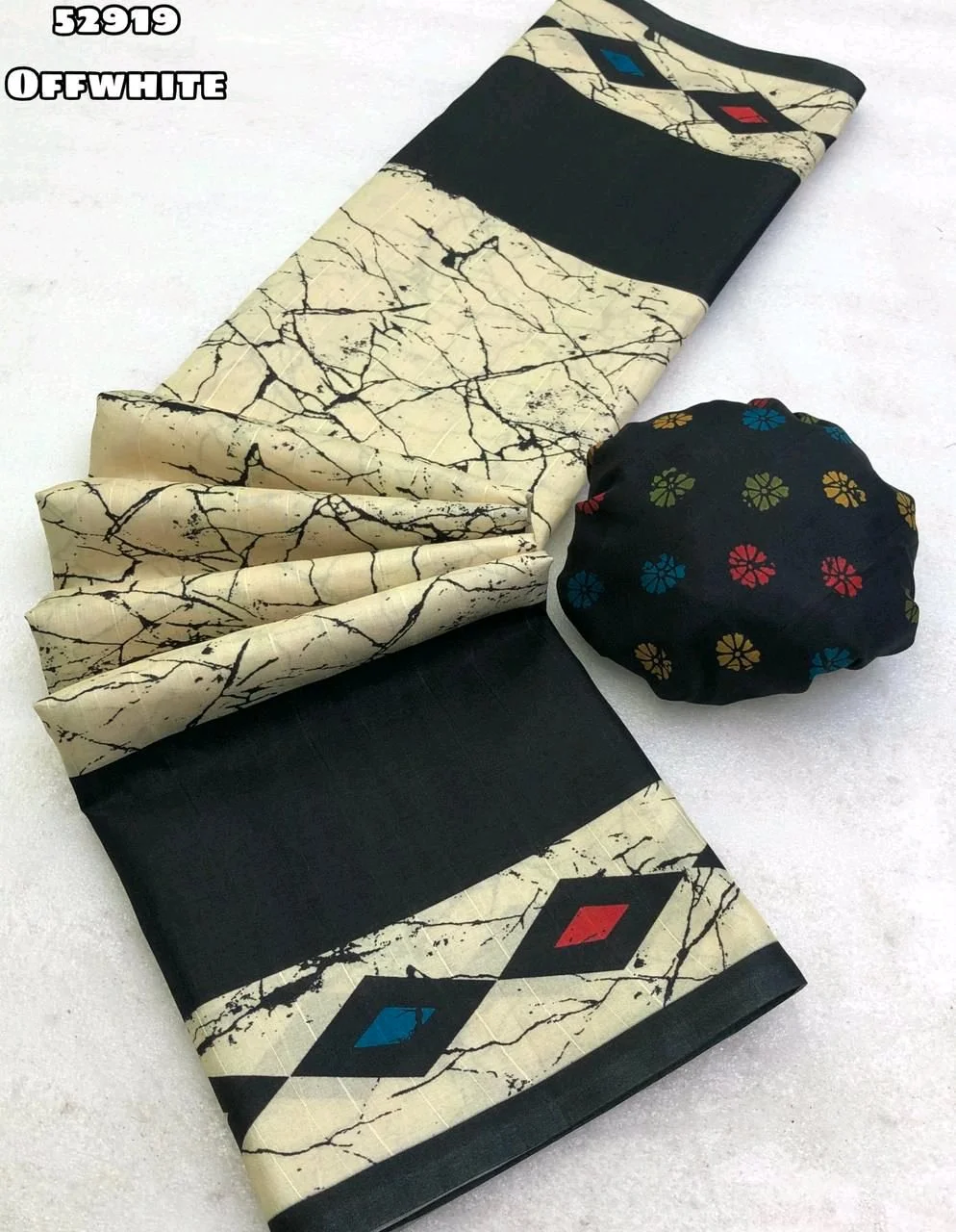 Offwhite and Black Printed Saree with Floral Blouse Piece thumbnail 1