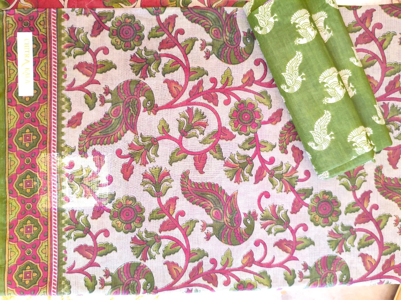 Chitra Kala Cotton Saree with Peacock and Floral Print thumbnail 1