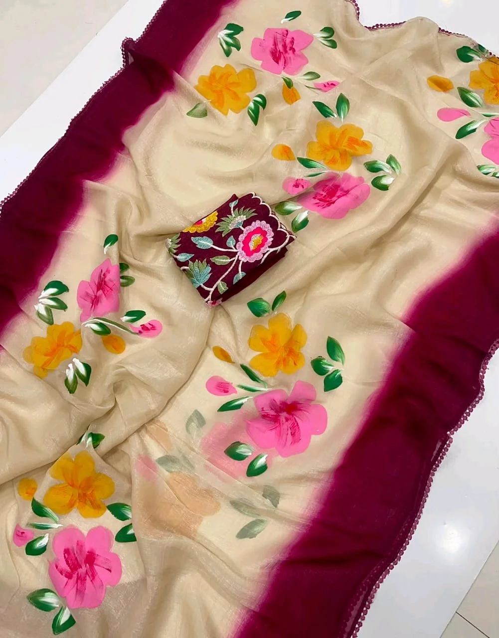 Grey Tie Dye Floral Printed Saree with Embroidered Blouse 4