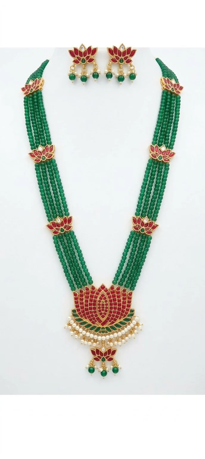 Green Beaded Lotus Design Necklace Set