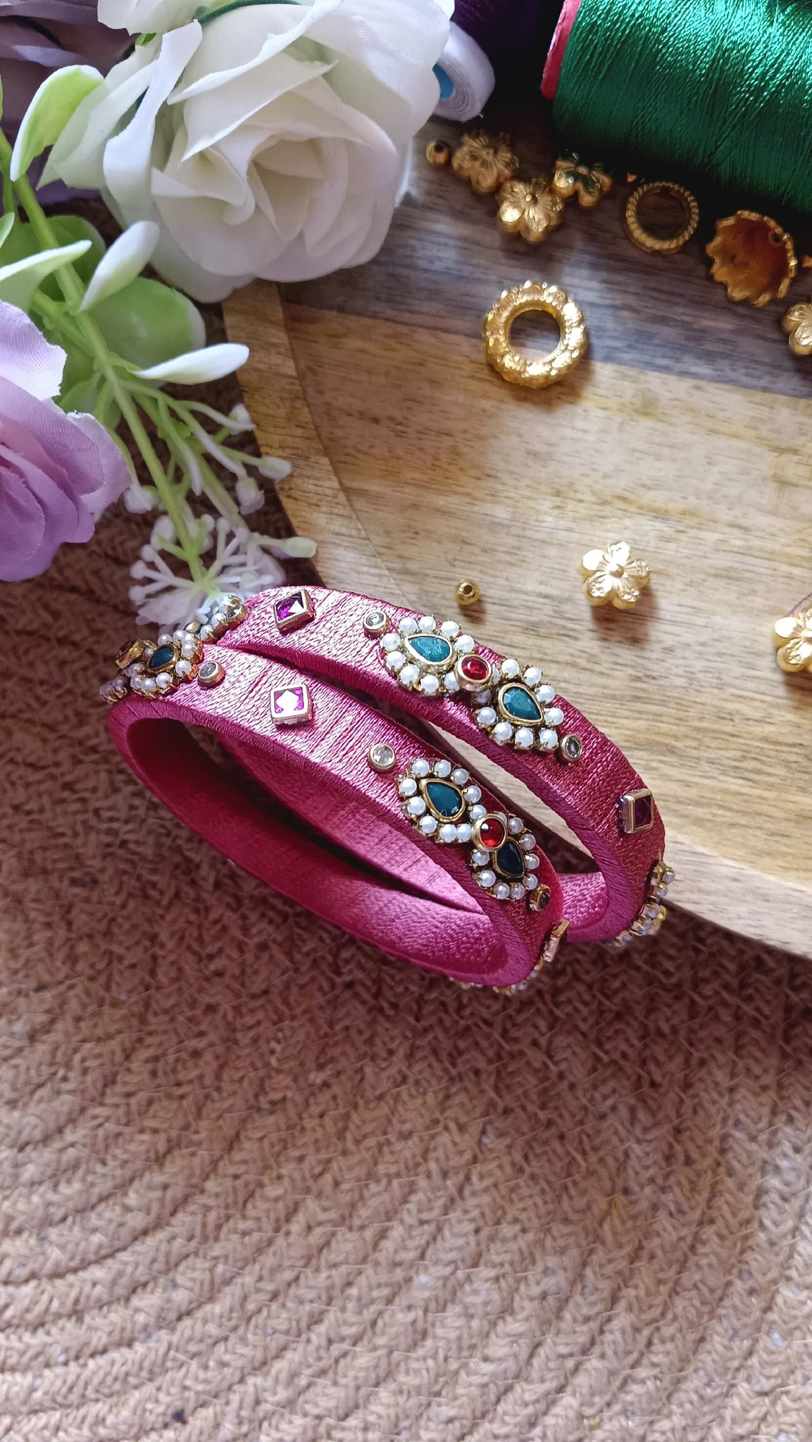 Pearl-Drop Rani Pink Silk Thread Bangles 2