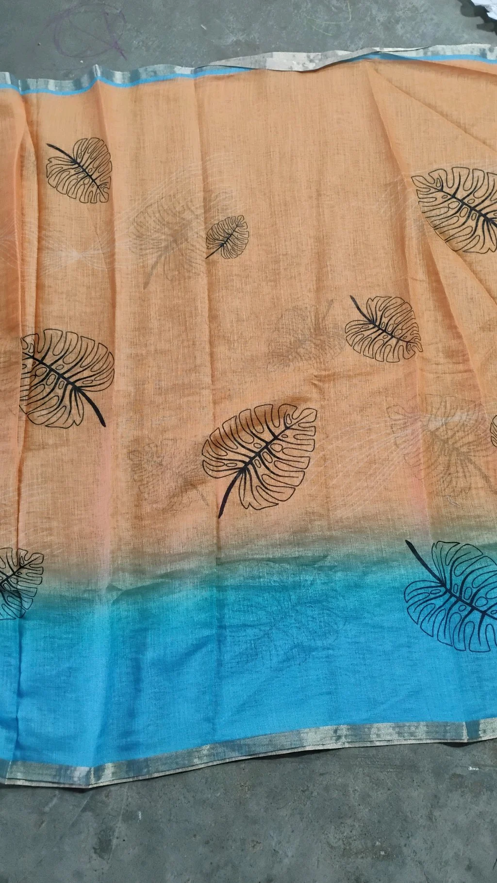 Peach Blue Ombre Linen Saree with Leaf Print thumbnail 3