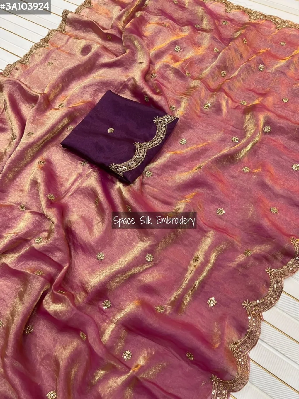 Yellow Space Silk Saree with Scalloped Border and Purple Blouse thumbnail 2