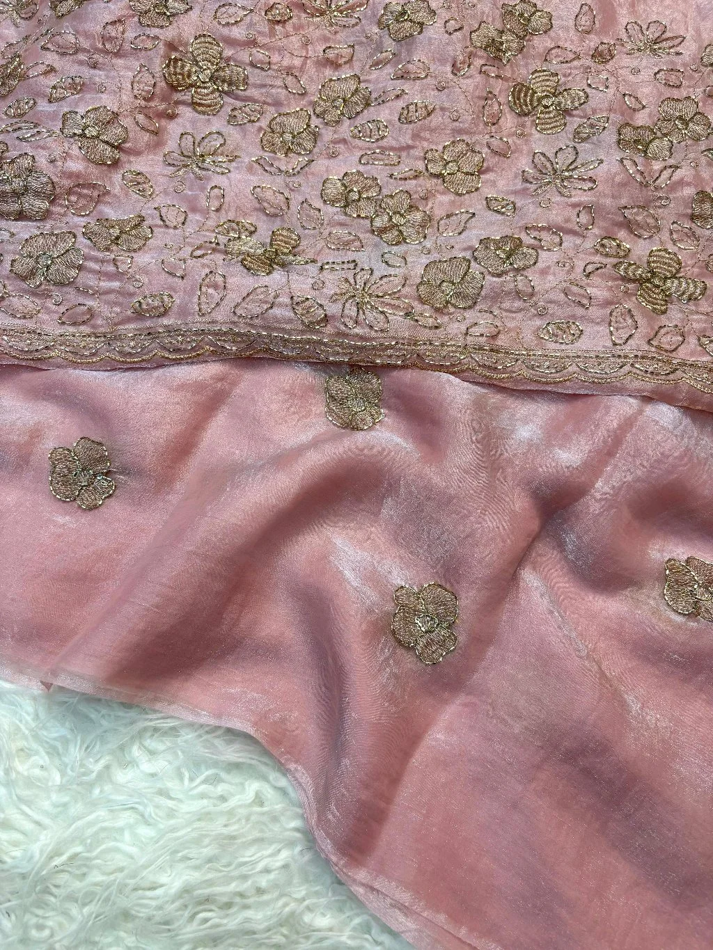 Space Silk Saree Fabric with Gold Floral Embroidery thumbnail 1