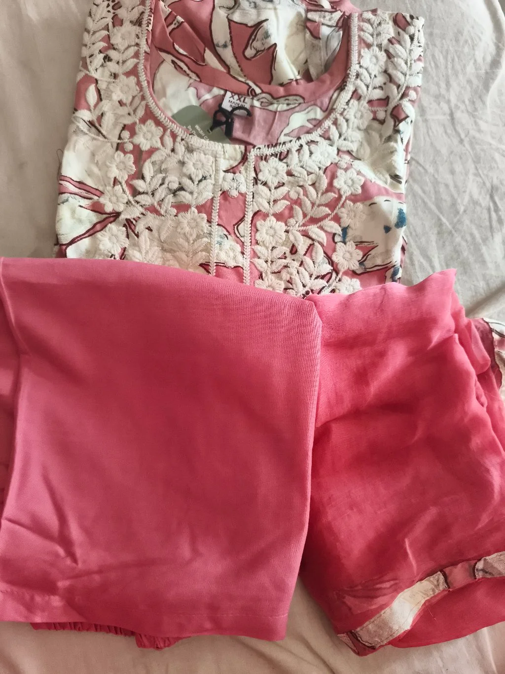 Pink and White Floral Embroidered Kurta Set