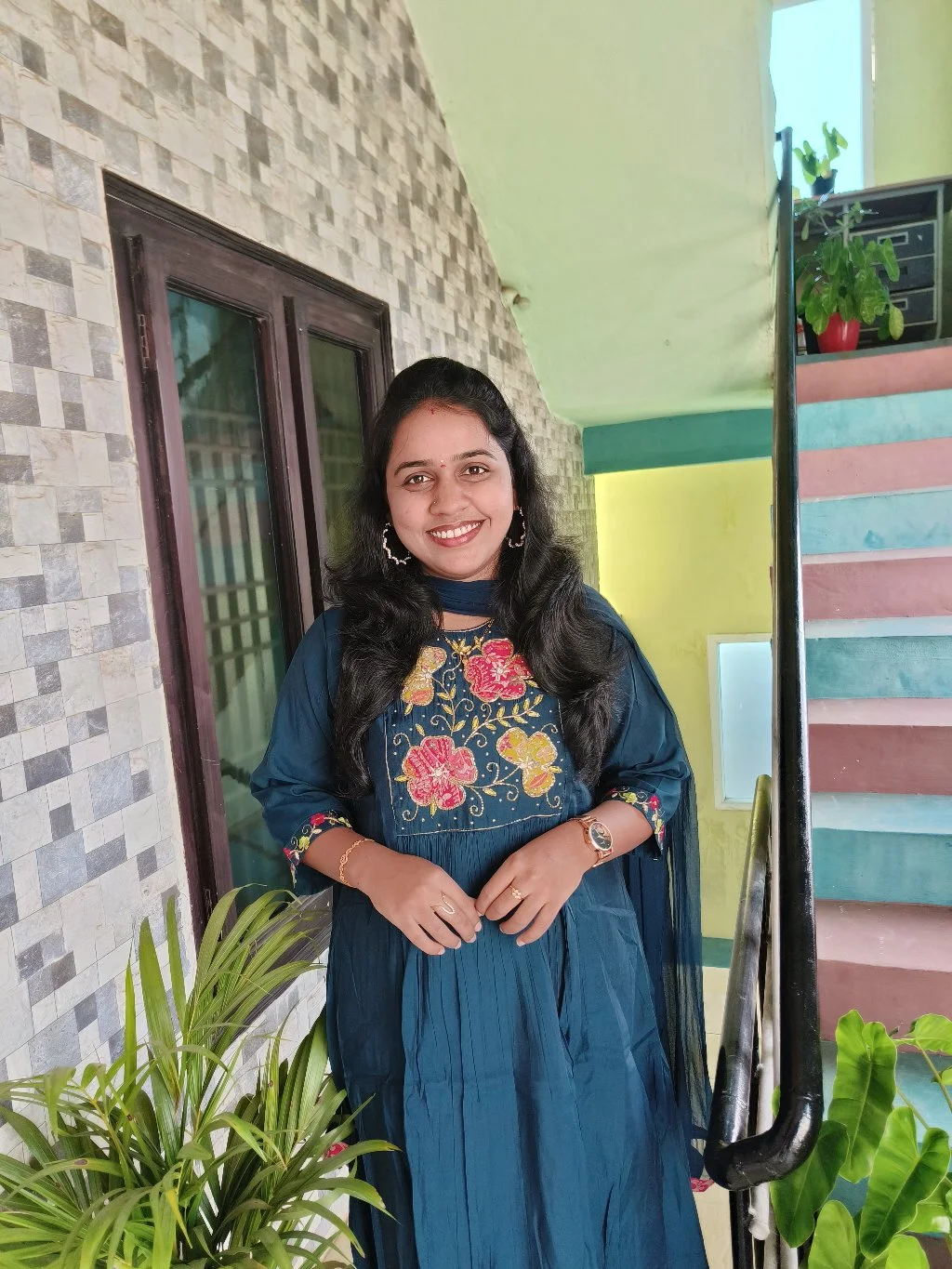 Dark Teal Embroidered Kurta Set with Floral Yoke 2