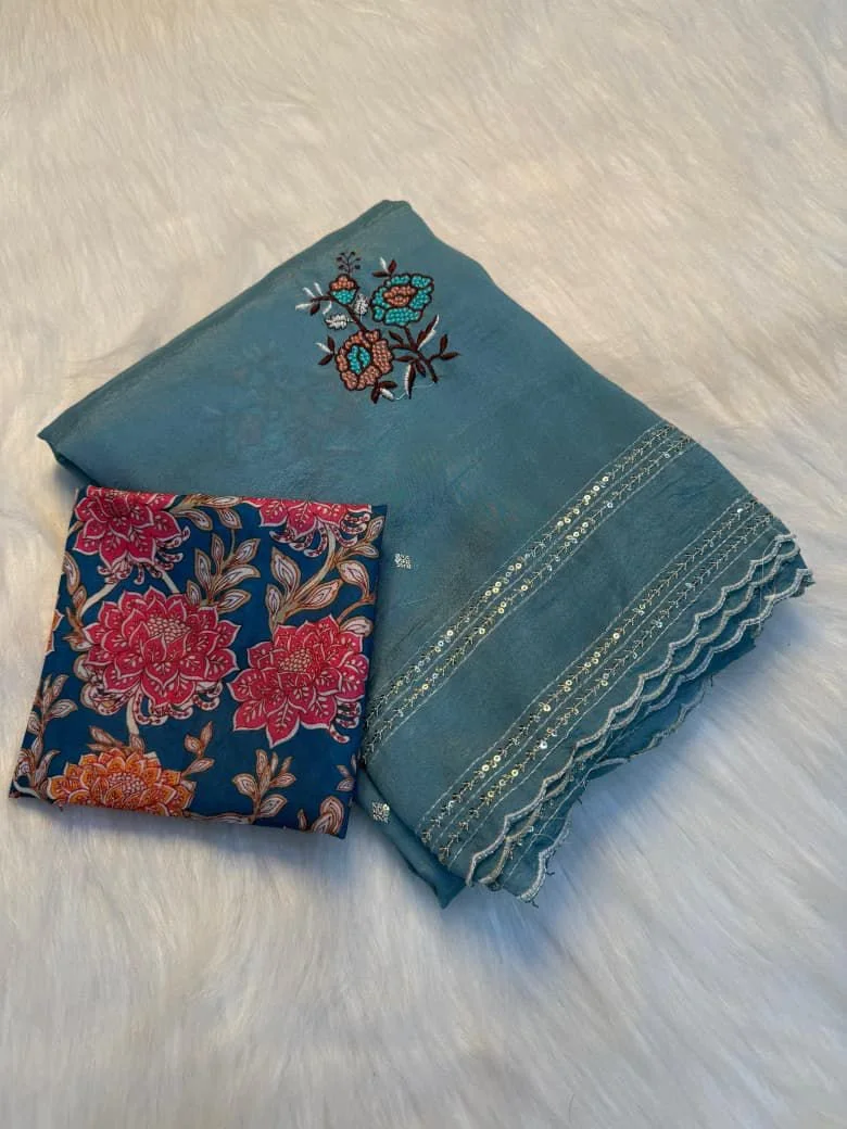 Crunchy Crush Teal Embroidered Saree with Floral Blouse Piece 1