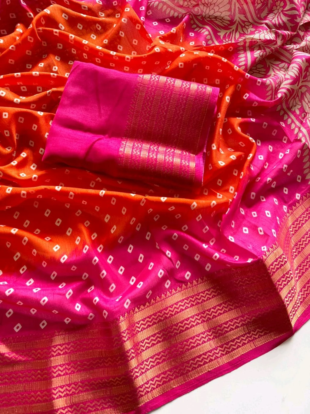 Orange and Pink Bandhani Silk Saree with Zari Border thumbnail 2