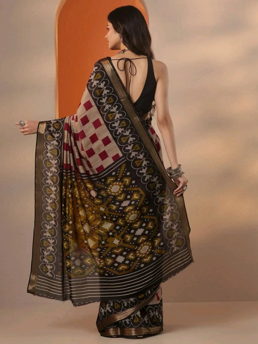 Beige and Black Ikat Print Saree with Red Checks thumbnail 4