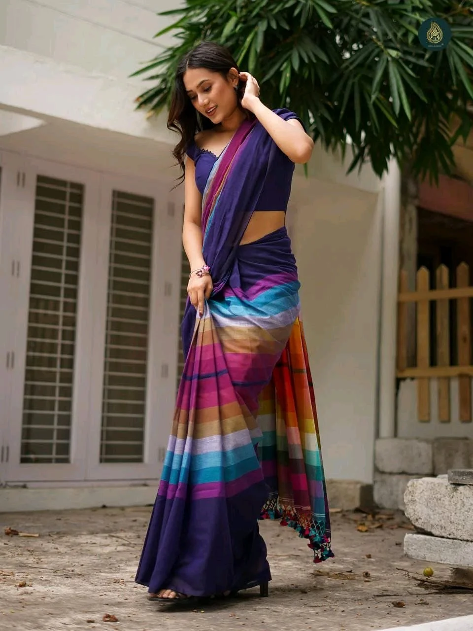 Vibrant Multicolor Plain Linen Cotton Saree with Tassels thumbnail 3