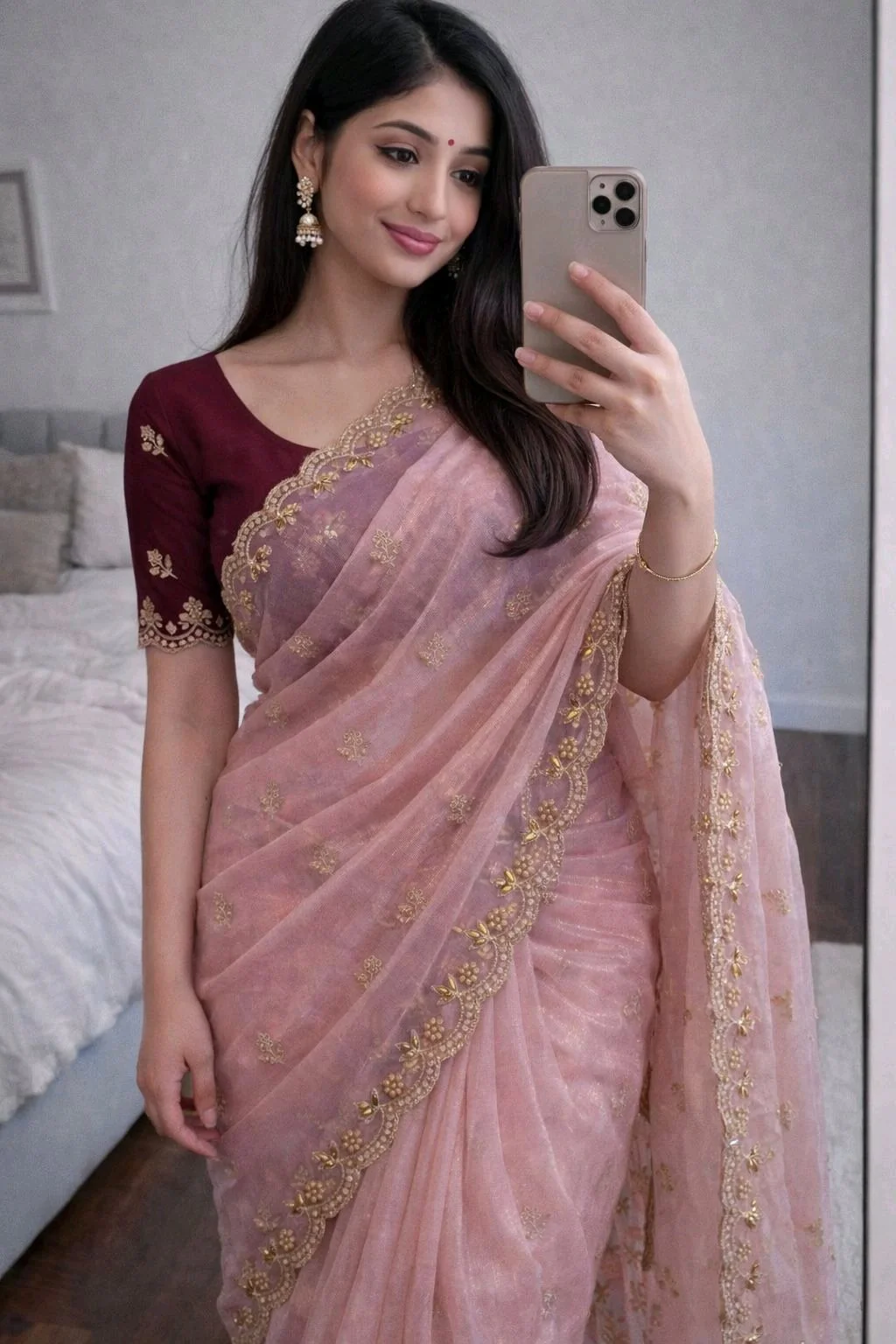 Pastel Organza Silk Blend Saree with Scalloped Embroidered Border 8