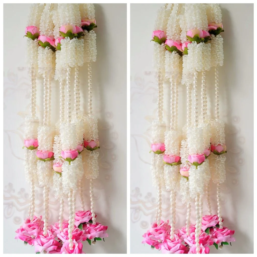 Artificial White Gajra and Red Rose Pearl Garlands 2