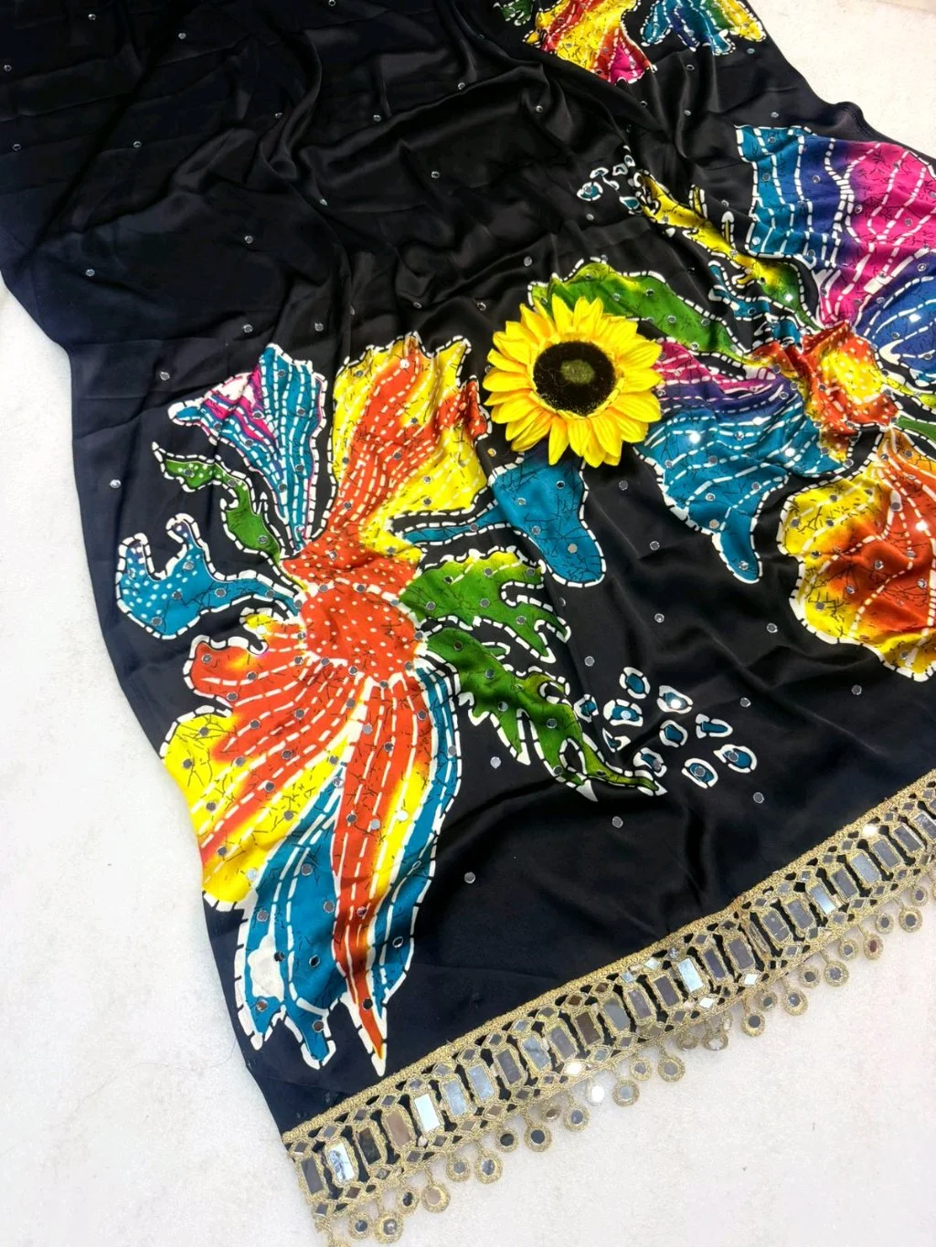 Black Ajrakh  Saree with Colorful Abstract Print and Mirror Work 4