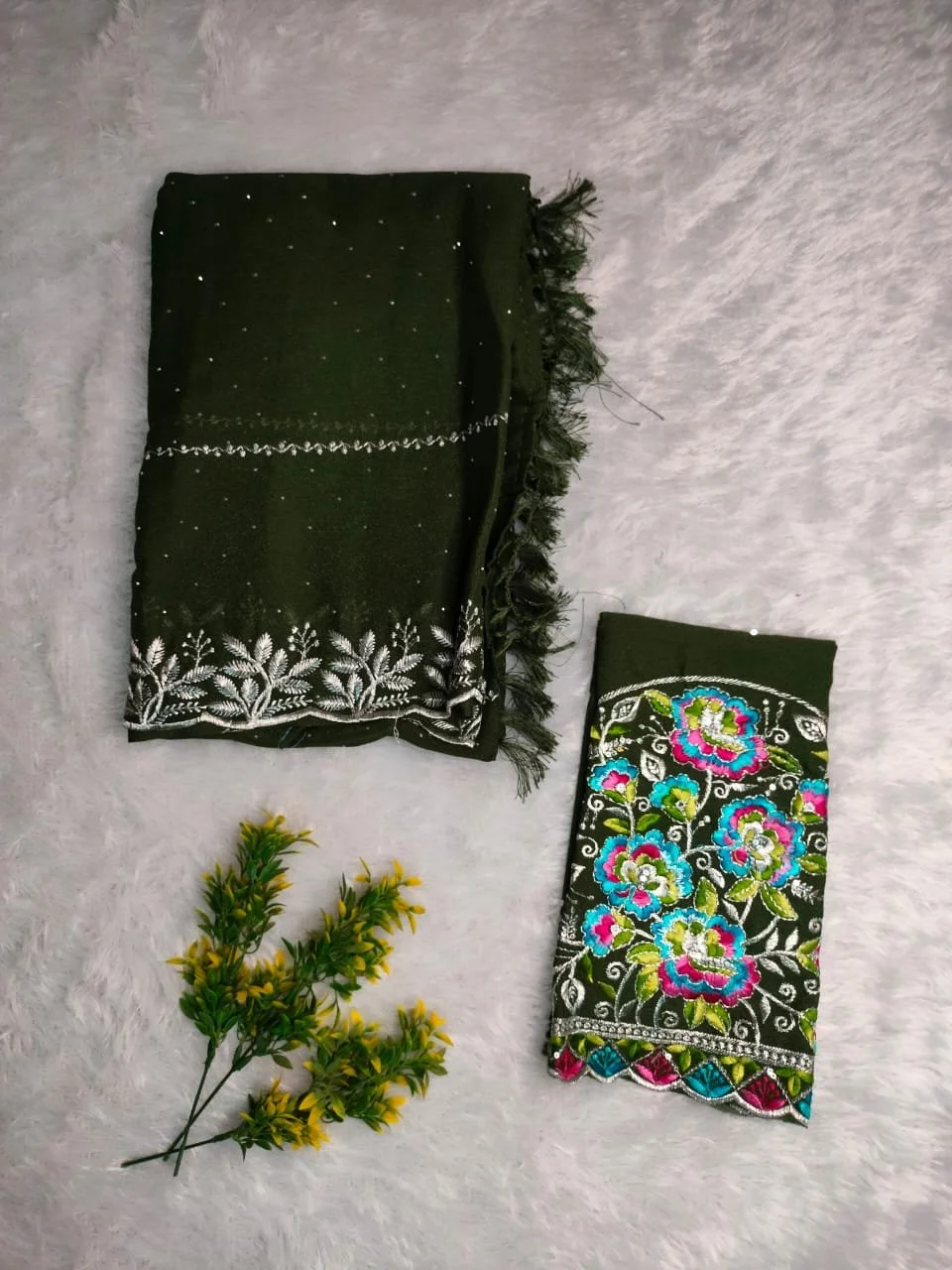 Dark Green Embroidered Dress Material with Floral Top and Embellished Dupatta