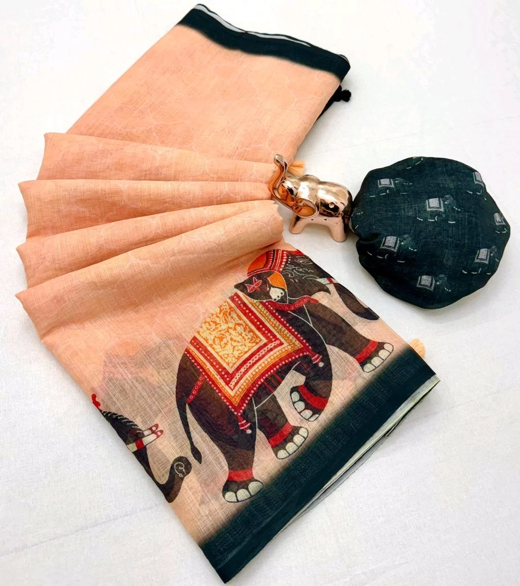 Abha Linen Saree with Elephant Digital Print 1