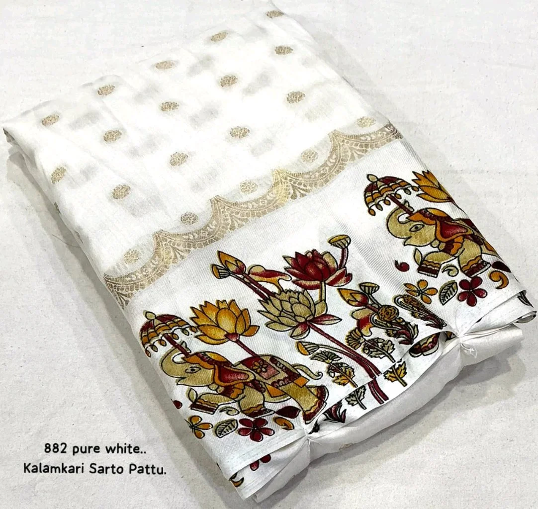 Kalamkari Printed Saree with Gold Border 3