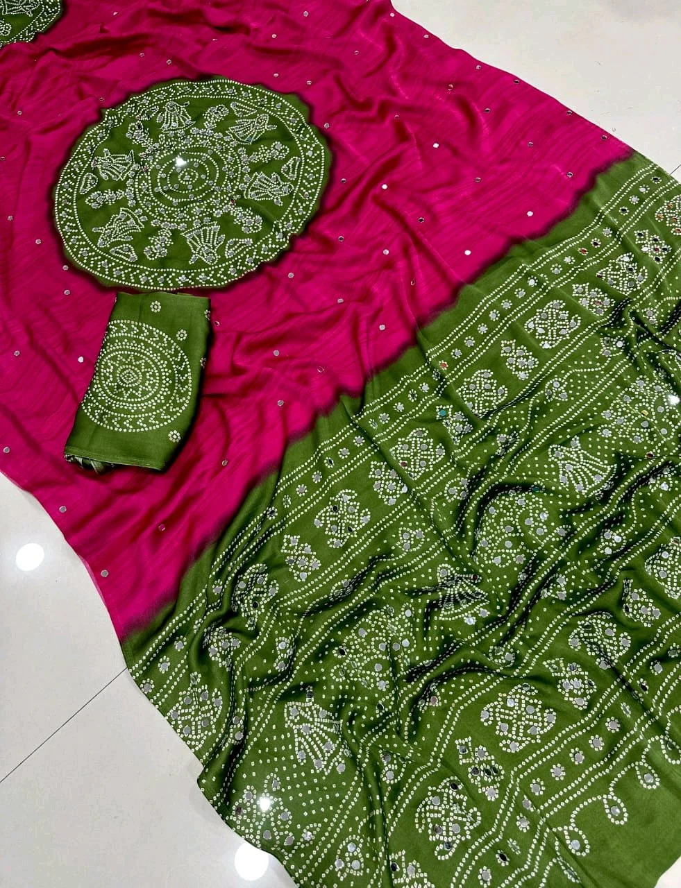 Soft Satin Crepe Silk Saree and Mirror Work thumbnail 2