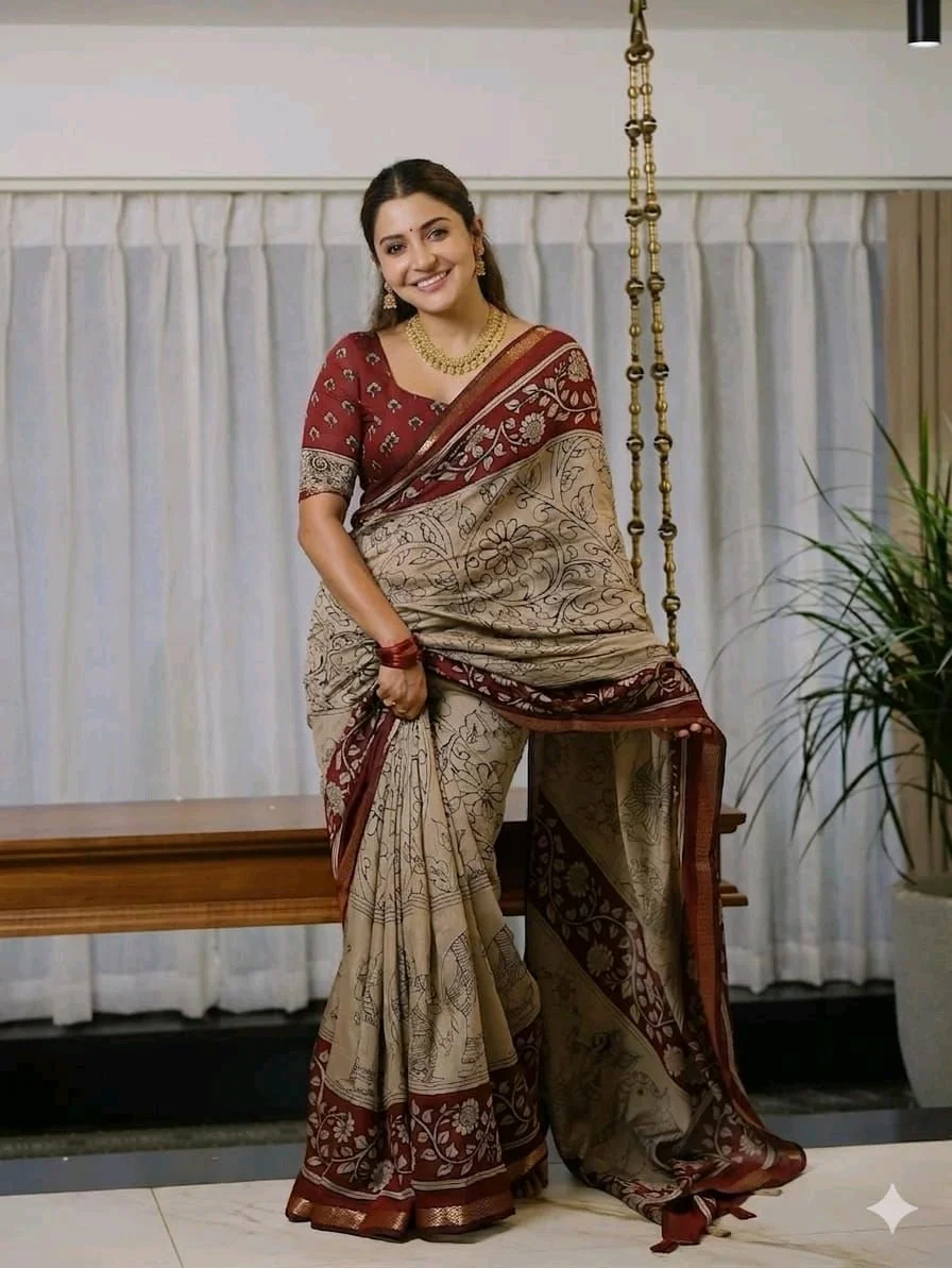 Kalamkari Print Cotton Saree with Traditional Border 4
