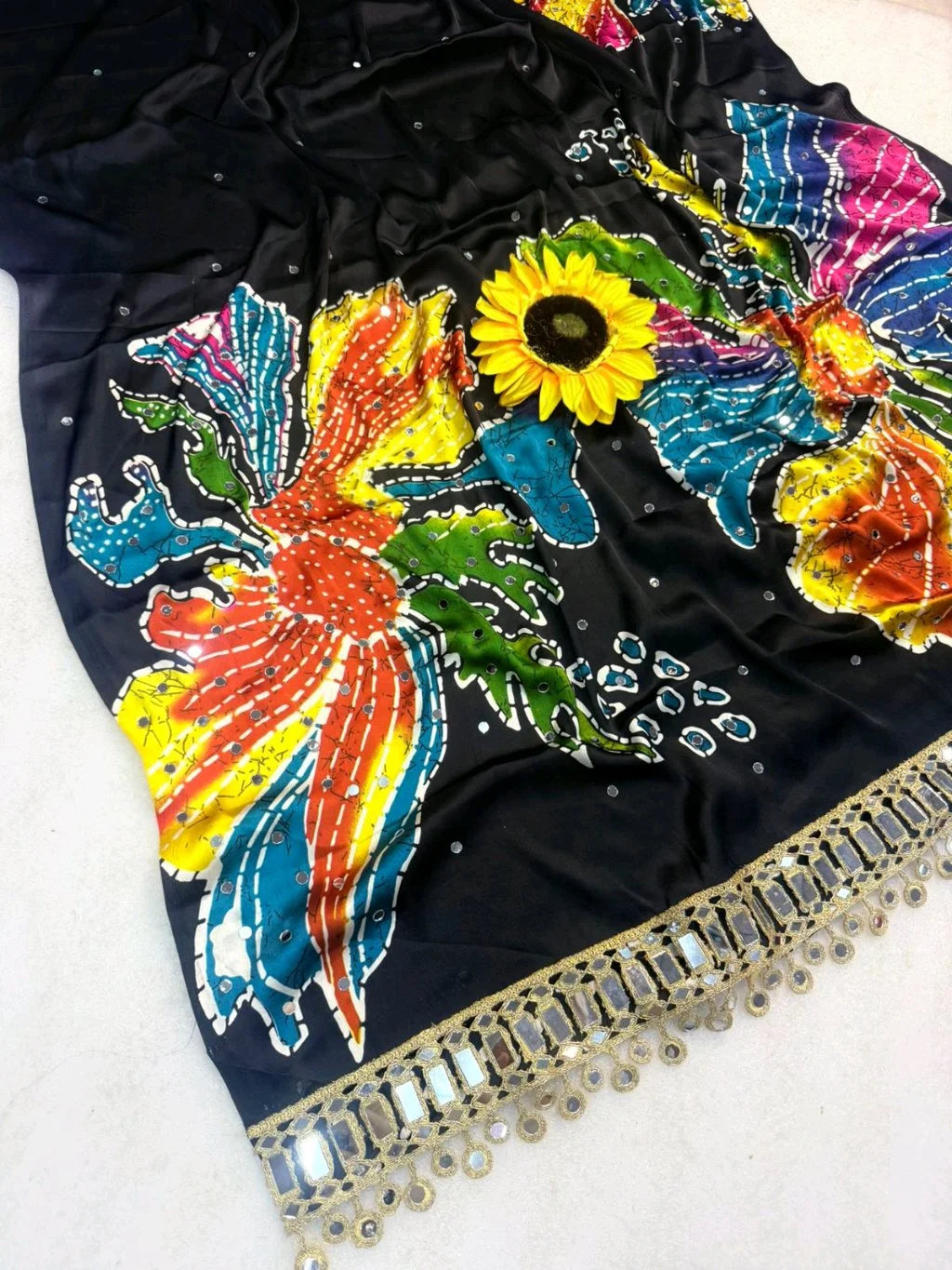 Black Ajrakh  Saree with Colorful Abstract Print and Mirror Work 5