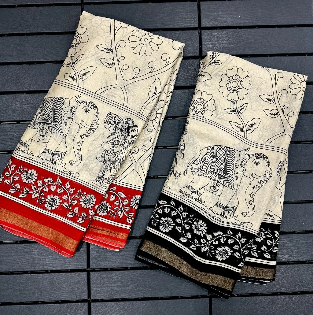 Kalamkari Print Cotton Saree with Traditional Border 1