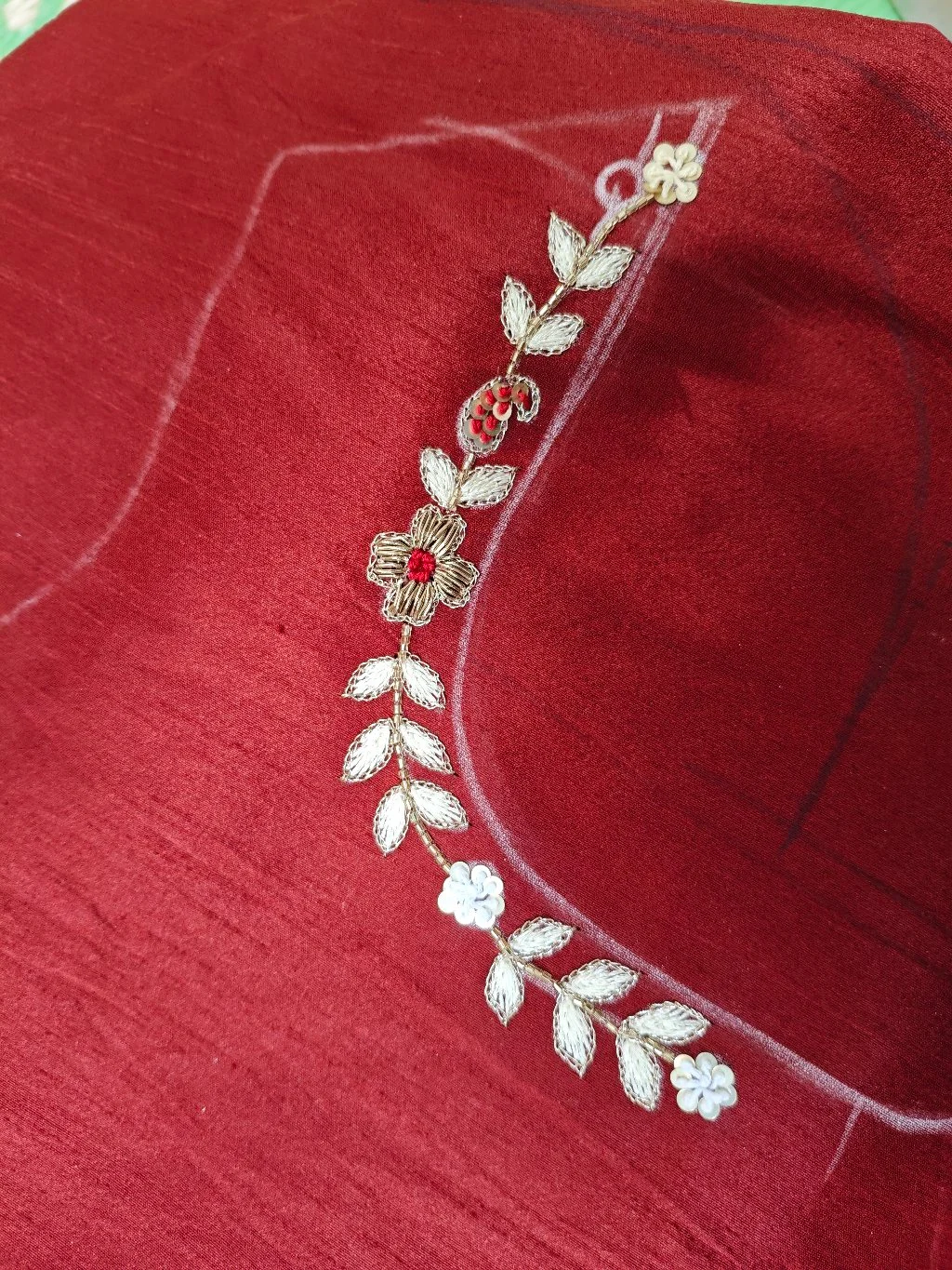 Hand Embroidered Red Blouse Neck Design with Bird Motif 3