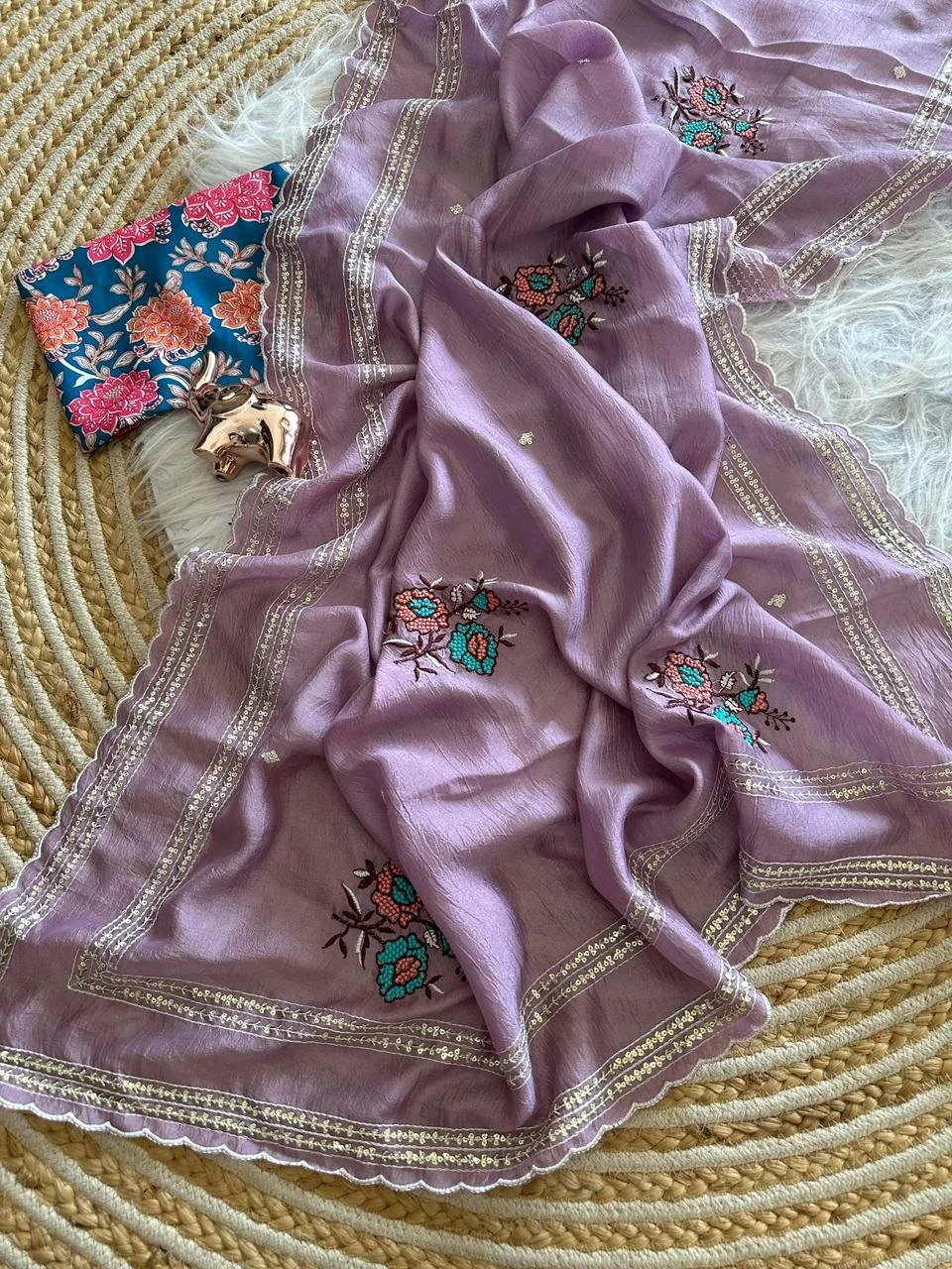 Pastel Soft Silk Blend Sarees with Scalloped Embroidered Border 9