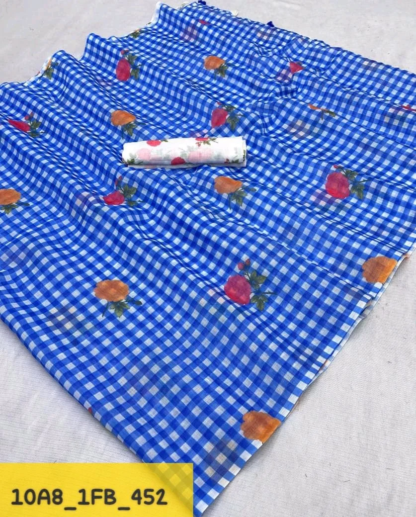 Gingham Cotton Saree with Fruit Print and White Blouse thumbnail 5