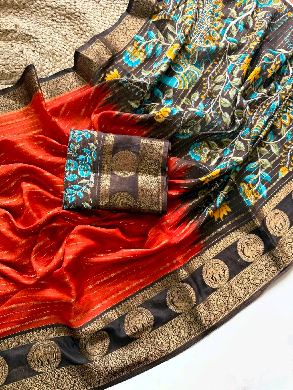 Red Silk Blend Saree with Black Zari Border thumbnail 2