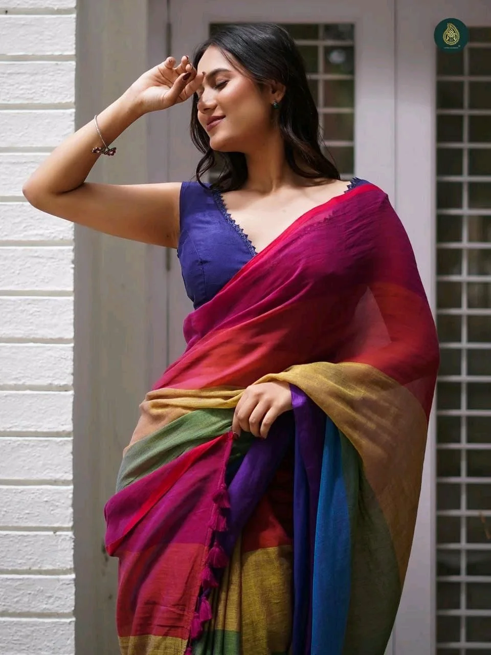 Vibrant Multicolor Plain Linen Cotton Saree with Tassels thumbnail 9