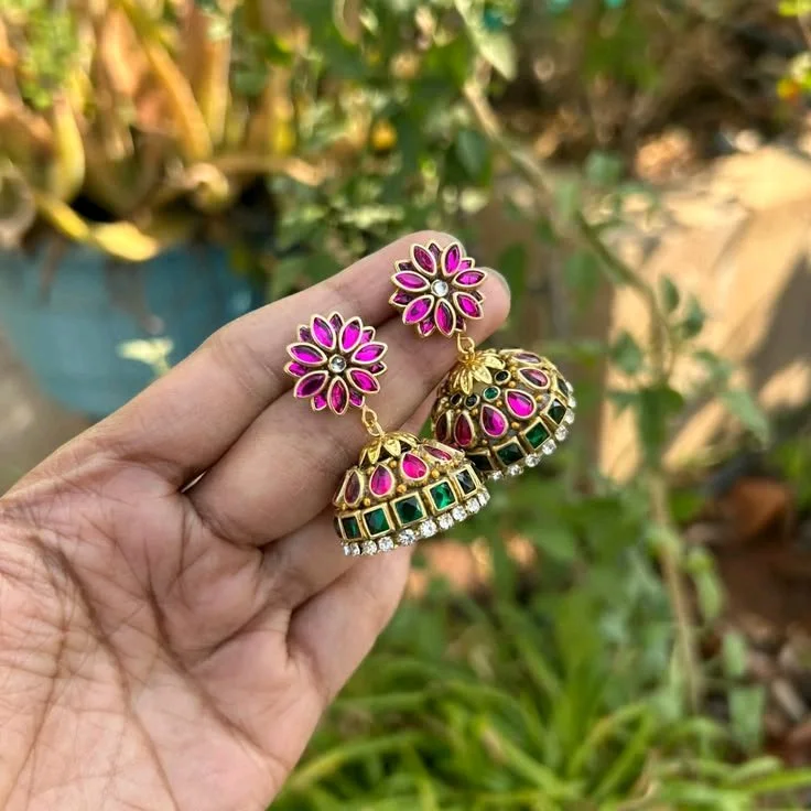 Gold Toned Pink and Green Stone Jhumka Earrings