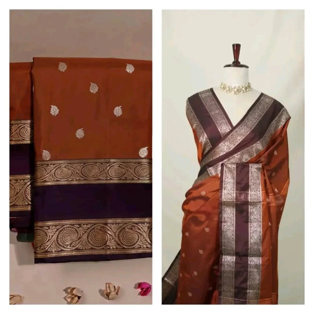 Orange Kanchipuram Silk Saree with Purple Border and Gold Zari Work 7